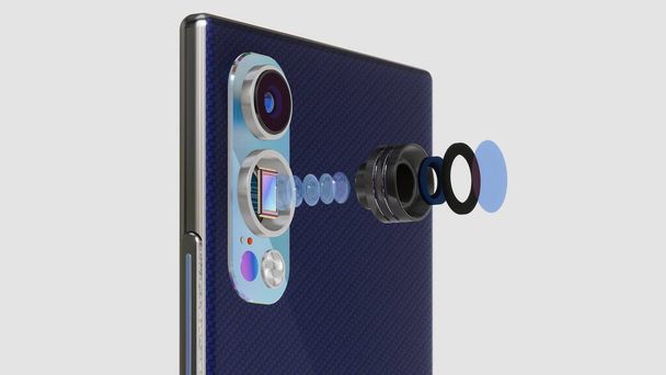 Смартфон с двойной камерой - оптические элементы и датчик во взрывчатом виде, Макроповорот, 3D рендеринг - Фото, изображение
