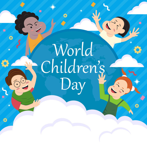 子供のイラストベクターグラフィックは,雲と地球の後ろで遊んでいます, 国際的な日に最適です, 世界の子供の日, お祝い, 挨拶カードなど. - ベクター画像