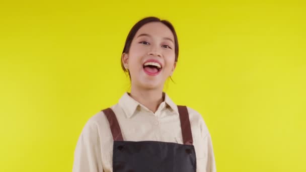 Porträt einer jungen asiatischen Barista mit Schürze im Stehen und aufgeregtem Lächeln auf gelbem Hintergrund, Kellnerin oder Unternehmerin fröhlich, Kleinunternehmer oder Start-up, Kellnerin eines Cafés. - Filmmaterial, Video