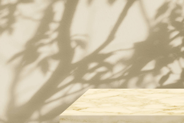 ベージュの具体的な壁の背景の木の影が付いている最小の大理石のテーブル コーナー,プロダクト提示の背景,表示およびモックアップのために適した. - 写真・画像