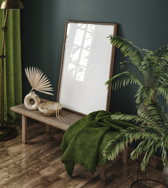 Frame mockup in dark green home interior, 3d render - Photo, Image