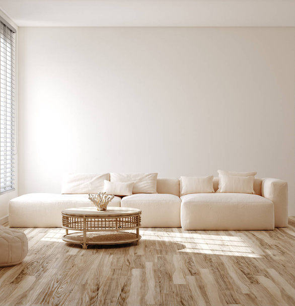 Home mockup, szoba világos pasztell színek, tengerparti nappali belső háttér, 3d render - Fotó, kép