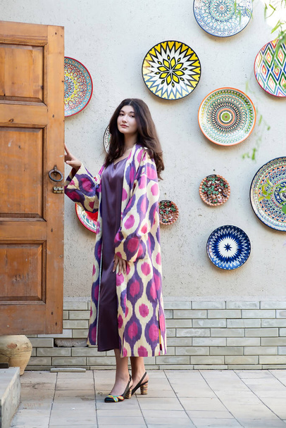 Beautiful fashion model, girl in traditional Uzbekistan fashion dress near wooden door. Tashkent, Uzbekistan - Photo, Image