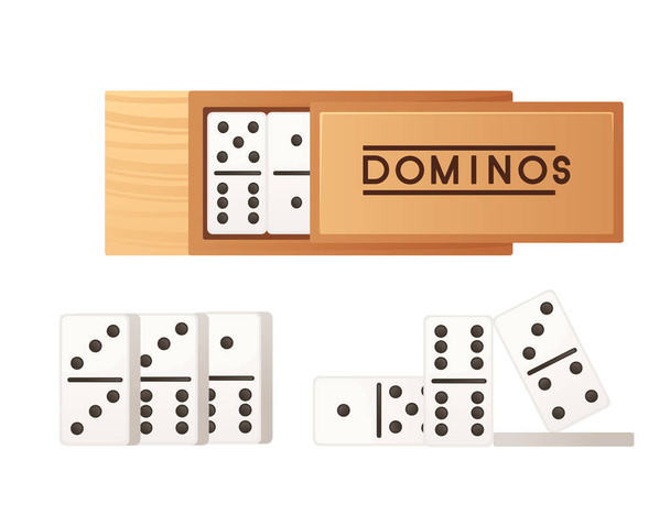 Domino set in houten doos vector illustratie geïsoleerd op witte achtergrond. - Vector, afbeelding