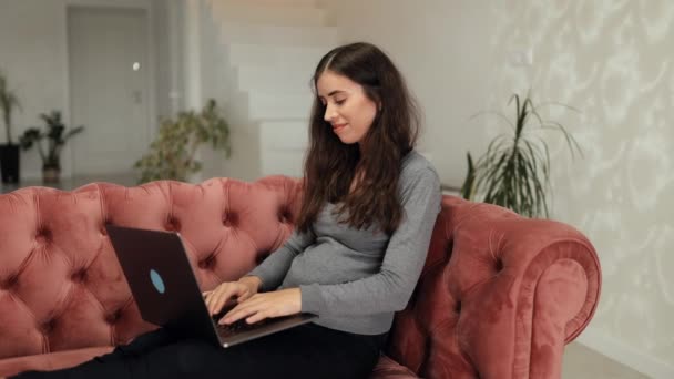 Молодая улыбающаяся женщина, работающая на ноутбуке, сидя на диване в гостиной дома, фрилансер или дистанционное обучение с помощью ноутбука, студентка дома - Кадры, видео