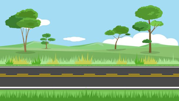 Vector or Illustrator of horizontal view of Asphalt road.  Background of trees and green grass and mountain. Under the blue sky. - Vector, Image