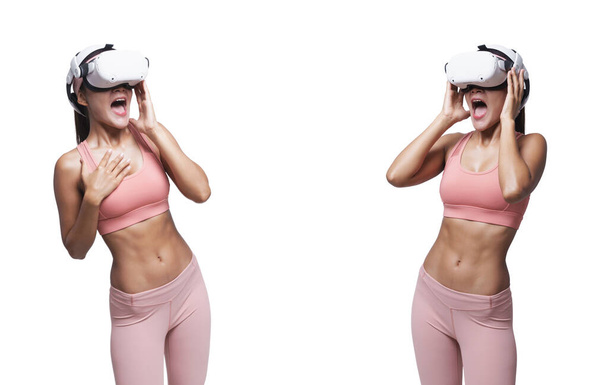 Жінка в спортивному вбранні та гарнітурі VR, що позує вираз, виглядає як захоплюючий, ізольований білий фон з копіювальним простором посередині. - Фото, зображення