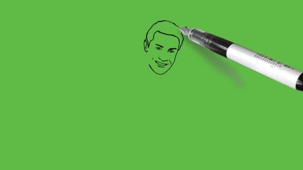 disegnare giovane sedersi sulla sedia parlare sul cellulare facendo il lavoro sul computer portatile tenere la mano destra sulla tastiera indossare cravatta bianca con contorno nero su astratto sfondo schermo verde - Filmati, video
