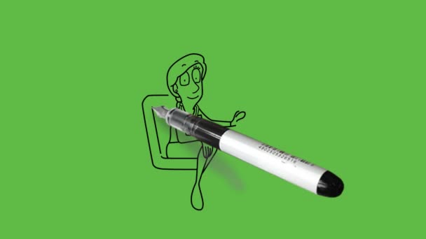 piirtää nuori henkilökunta sairaanhoitaja istua säädettävissä työtuoli työtä tietokoneen ja tabletin yhteyden internet näyttää punainen nuoli ylösalaisin musta ääriviivat abstrakti vihreä näyttö tausta    - Materiaali, video