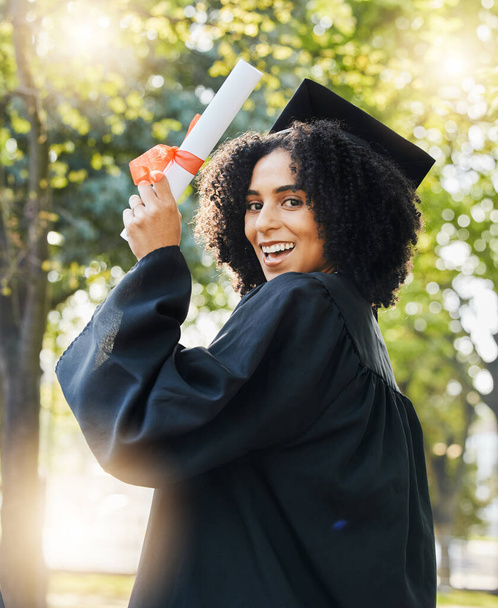 Graduate, certificate and portrait of happy woman celebrate success, education and college degree outdoor. University graduation, diploma and celebration of award, achievement and event in garden. - Photo, Image
