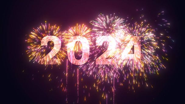 Концепция фейерверков в ночном небе С Новым 2024 годом и Рождеством Христовым, Многоцветные фейерверки празднуют Великий Новый год 2024 Абстрактный фон, 3D рендеринг - Фото, изображение