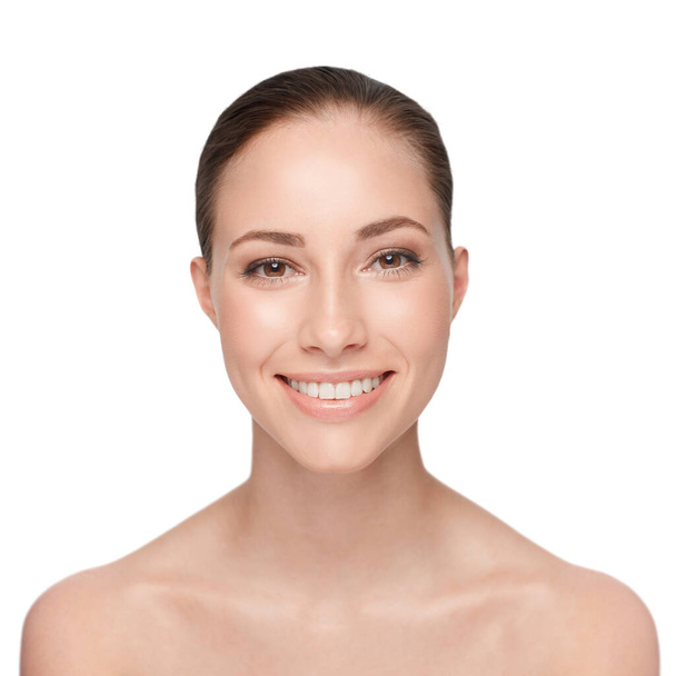 Woman, skincare and studio portrait health cosmetic or skin peel, spa glow or smile. Female person model, natural detox and facial hygiene or wellness results, clean shine beauty on white background. - Photo, Image