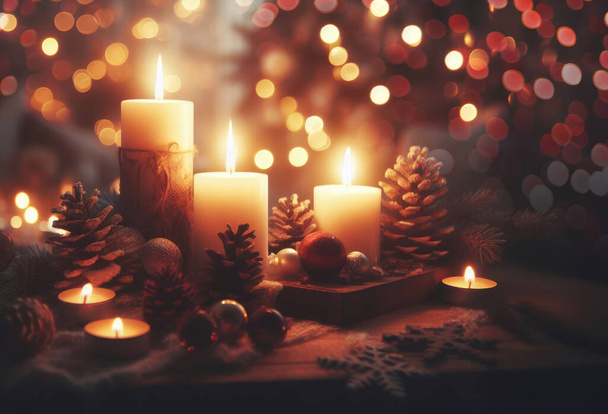 Άνετο ατμοσφαιρικό θολό φόντο για τα Χριστούγεννα με κεριά. - Φωτογραφία, εικόνα