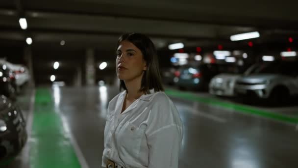 Fiatal gyönyörű spanyol nő keres parkolóhelyet a parkolóban - Felvétel, videó