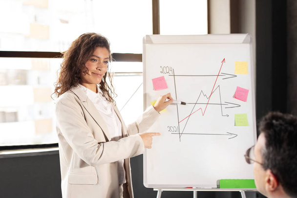 Бізнес-леді представляє графік зростання компанії на дошці в сучасному офісі, роблячи презентацію стоячою перед її командою співробітників. Успішні стратегії для бізнесу - Фото, зображення