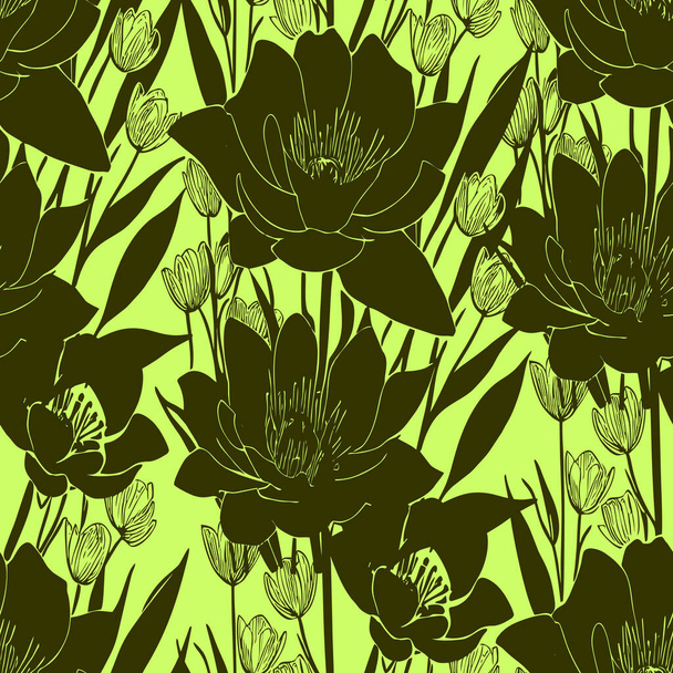seamless olive green floral pattern, monochrome ornament, design, texture - Vector, Image