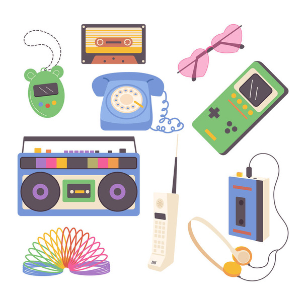 Isolated set with retro electronic devices. Stylish vintage attributes and gadgets from 90s vector illustration. Old tape recorder and cassette, gamepad, mp3 audio player, cellphone, sunglasses - Vector, Image
