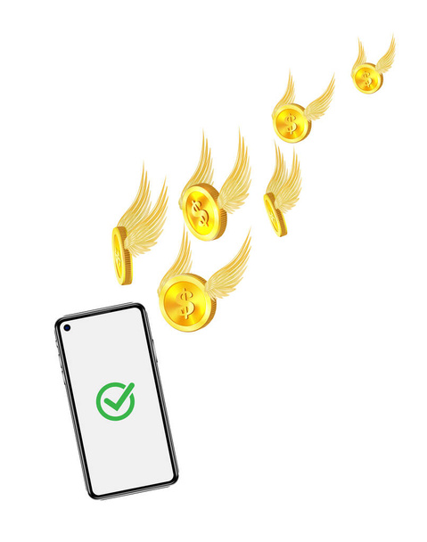 Cashback Flying gouden munt met gouden vleugels geïsoleerd op een witte vliegende telefoon. 3D vectorillustratie - Vector, afbeelding