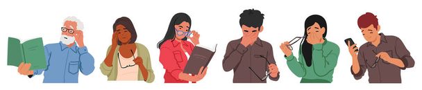 Set of Young and Old People with Tired or Sick Eyes. Male and Female Characters With Vision Problems Experience Blurred Vision, Difficulty Focusing, Or Reduced Eyesight. Cartoon Vector Illustration - Vector, Image