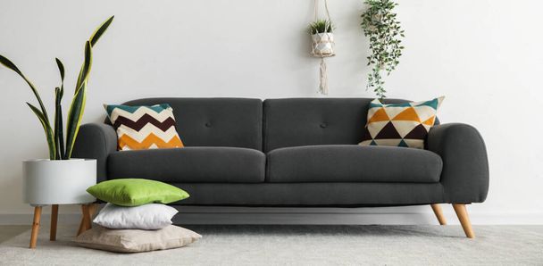 Уютный диван с подушками и комнатными растениями возле белой стены - Фото, изображение