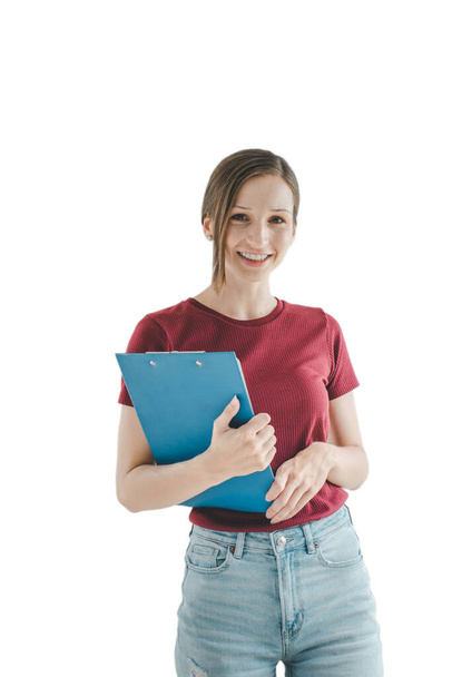 Молодая женщина держит с планшетом изолированы на белом фоне. - Фото, изображение