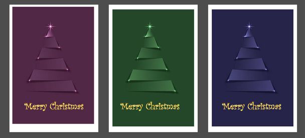 Set di allegro albero di Natale tagliato da carta su sfondo verde, viola, blu con stelle e testo con un gradiente d'oro. Elementi natalizi. Taglia in stile carta. Vettore EPS10. - Vettoriali, immagini