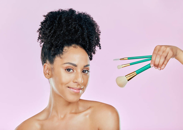 Makeup brush, happy and studio portrait of woman with tools for skincare shine, foundation application or wellness treatment. Beauty face cosmetics, facial cosmetology and person on pink background. - Foto, Imagem