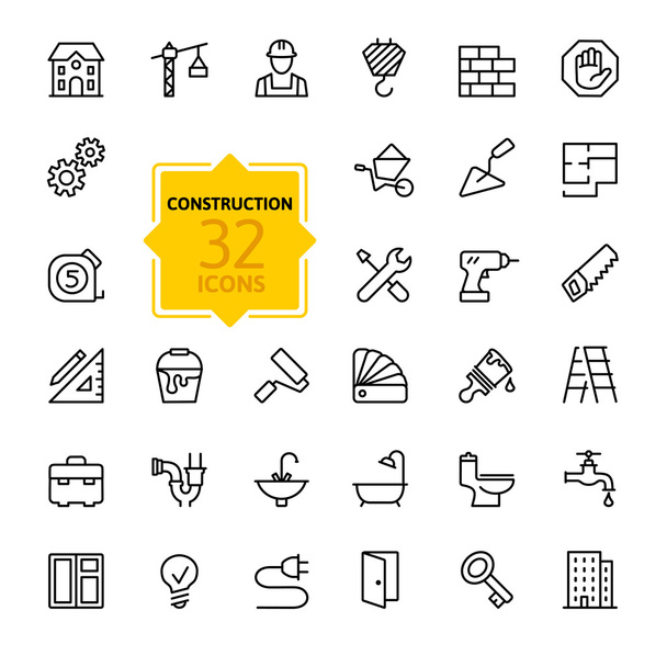 Zarys strony internetowej ikony zestaw - budowa, narzędzia do naprawy domu - Wektor, obraz