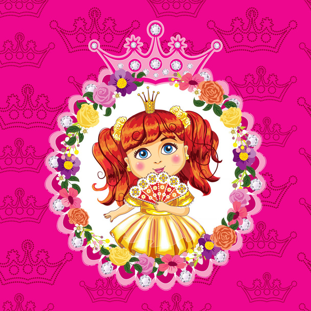 Küçük pembe bir arka plan üzerinde kırmızı saçlı Prenses - Vektör, Görsel