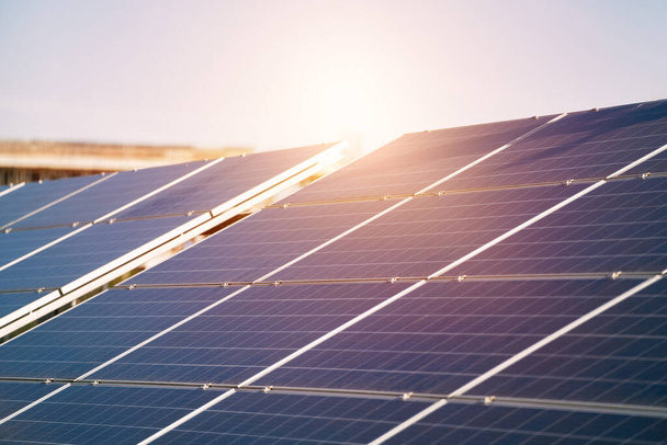 Eine Bodengruppe von Sonnenkollektoren. Eine Reihe von Photovoltaikmodulen, die auf dem Boden montiert sind. Reflexion der Sonne auf dem PV-Panel. - Foto, Bild