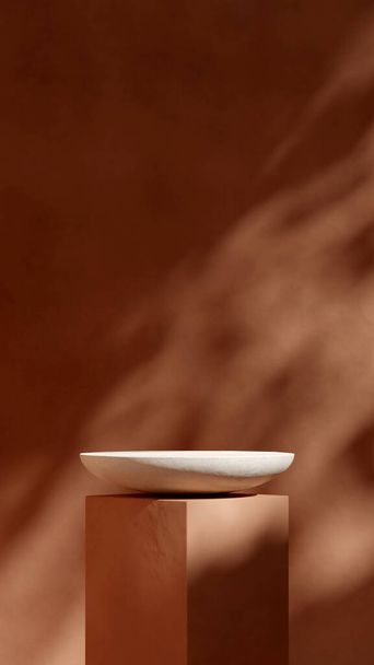 escena maqueta curvo podio beige en retrato marrón textura pared, 3d render - Foto, Imagen