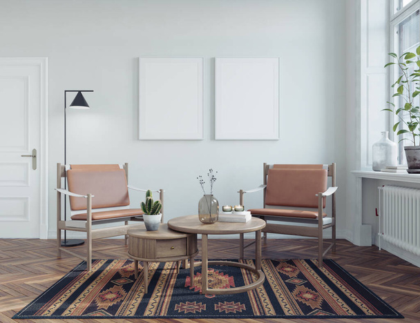 Scandinavisch interieur van de woonkamer met ramen, witte muren, hardhouten vloeren, gezellig meubilair en prachtige inrichting, 3d rendering - Foto, afbeelding