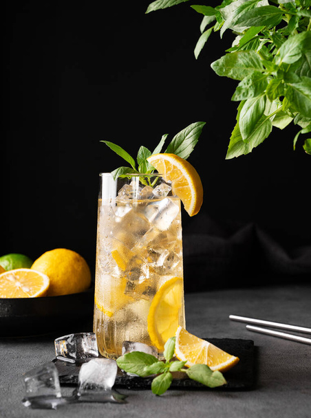 Limonádový nápoj s čerstvým citronem, citrónem, mátou a ledem. Osvěžující citrusový mojito koktejl na tmavém pozadí. Domácí zdravý a detoxikační nápoj koncept. Přední pohled a kopírovat mezeru. - Fotografie, Obrázek
