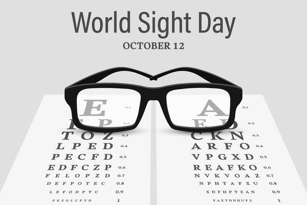Παγκόσμια Ημέρα οράσεως 12 Οκτωβρίου. Γυαλιά στο φόντο ενός χάρτη Snellen για τη δοκιμή της οπτικής οξύτητας. Οφθαλμολογία, υγειονομική περίθαλψη και ιατρική. Εικονογράφηση, banner, διάνυσμα - Διάνυσμα, εικόνα
