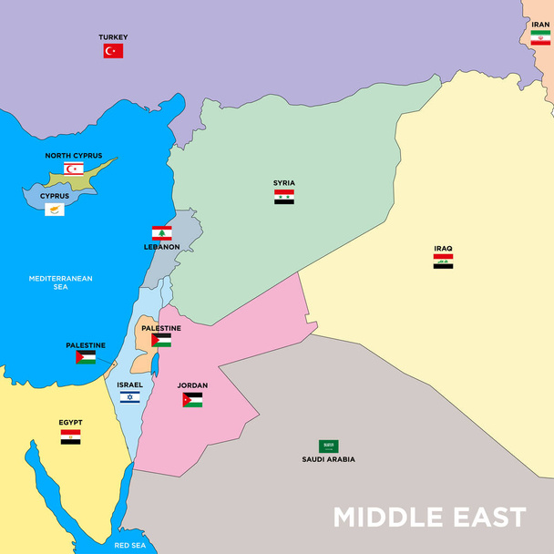 Μέση Ανατολή, τυποποιημένος χάρτης με σημαίες και κρατικά σύνορα, διανυσματική απεικόνιση - Διάνυσμα, εικόνα