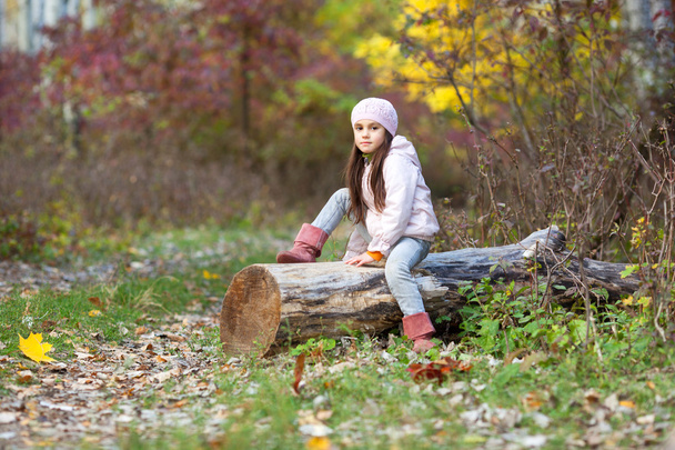 fille assise sur une bûche dans les bois
 - Photo, image
