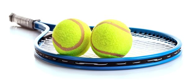 Tennis racket and balls isolated on white - Φωτογραφία, εικόνα