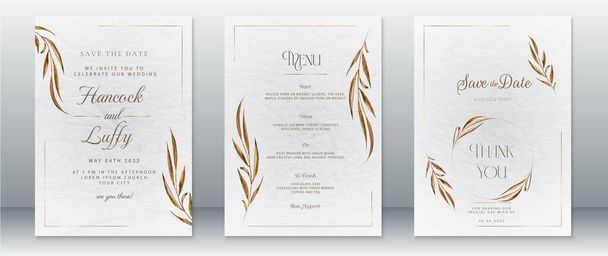 Plantilla de tarjeta de invitación de boda de lujo con diseño de hoja de naturaleza dorada minimalista y fondo de acuarela blanco - Vector, imagen