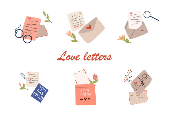 Envelopes, cartões postais e letras vista superior. Ilustração vetorial - Vetor, Imagem