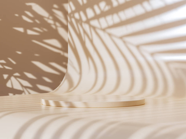 3D gerçekçi ürünler kahverengi arkaplanda yaprak gölgesi ışıklandırması ile bej podyum ayakta kaideyi gösterir - Fotoğraf, Görsel
