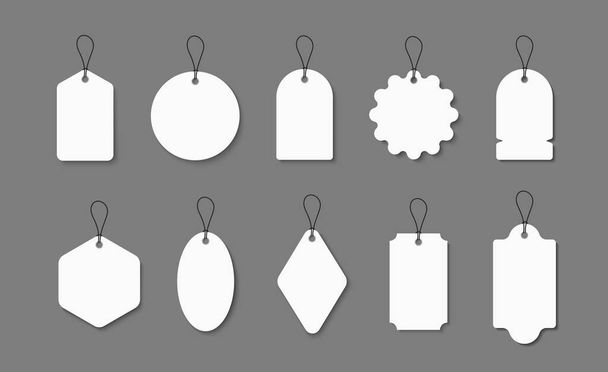 Blank tags label set for sale, discount offers. White paper badge of price. Gift sticker with hanging string. Shopping promotion signs. vector - Vector, Image