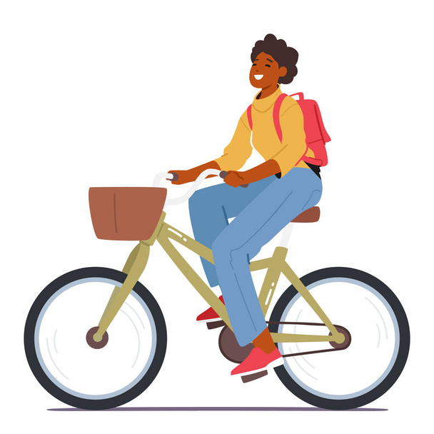 Nainen ajaa polkupyörällä, naishahmo nauttii ulkoliikunnan eduista, parantaa hänen sydän- ja verisuonikuntoaan ja kokea pyöräilyn vapauden ja ilon. Sarjakuva ihmiset vektori kuvitus - Vektori, kuva