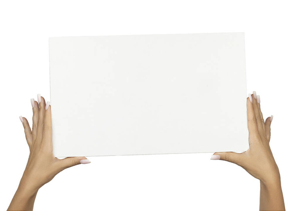 Mani femminili adulte con lunghe unghie quadrate ombre curate, che reggono una tavola bianca rettangolare con spazio per copiare. Isolato su sfondo bianco. - Foto, immagini