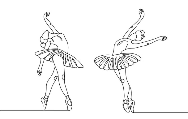 Un par de bailarinas están bailando. Actuación de ballet. Día Mundial del Ballet. Dibujo de una línea para diferentes usos. Ilustración vectorial. - Vector, imagen