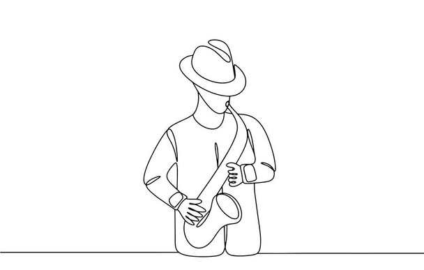 A musician plays jazz music on the saxophone. International Jazz Festival. One line drawing for different uses. Vector illustration. - Vector, Image