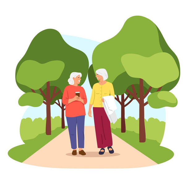 Illustration vectorielle de deux belles amies âgées en promenade. Scène de bande dessinée avec des femmes aux cheveux gris souriantes marchant un jour d'été dans un parc avec des arbres, des buissons et parlant. - Vecteur, image