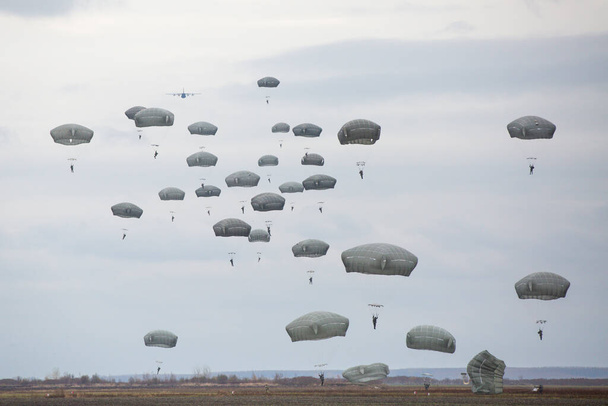 muchos paracaidistas en el cielo nublado - Foto, Imagen