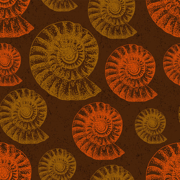 Beautiful brwon and orange ammonite fossils seamles pattern sketck over brown worn out effect at background - Vector, Image