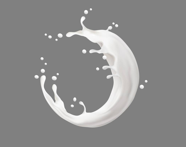 Círculo crema de leche o yogur salpicadura de líquido blanco. Salpicadura de remolino realista. Aislado 3d vector fascinante explosión de líquido blanco creando patrones cautivantes en el aire, marco lechoso redondo con salpicaduras - Vector, imagen