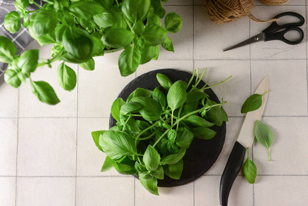 Plate with fresh green basil on white tile background - Photo, Image